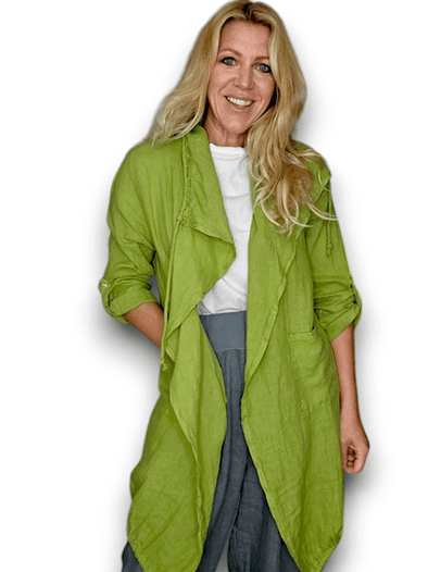 Helga May: Long Drawstring Linen Jacket - Avocado