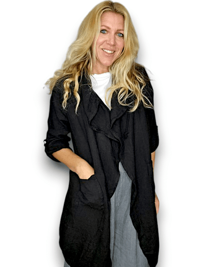 Helga May: Long Drawstring Linen Jacket - Black