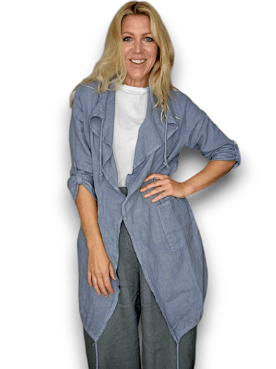 Helga May: Long Drawstring Linen Jacket - Petrol