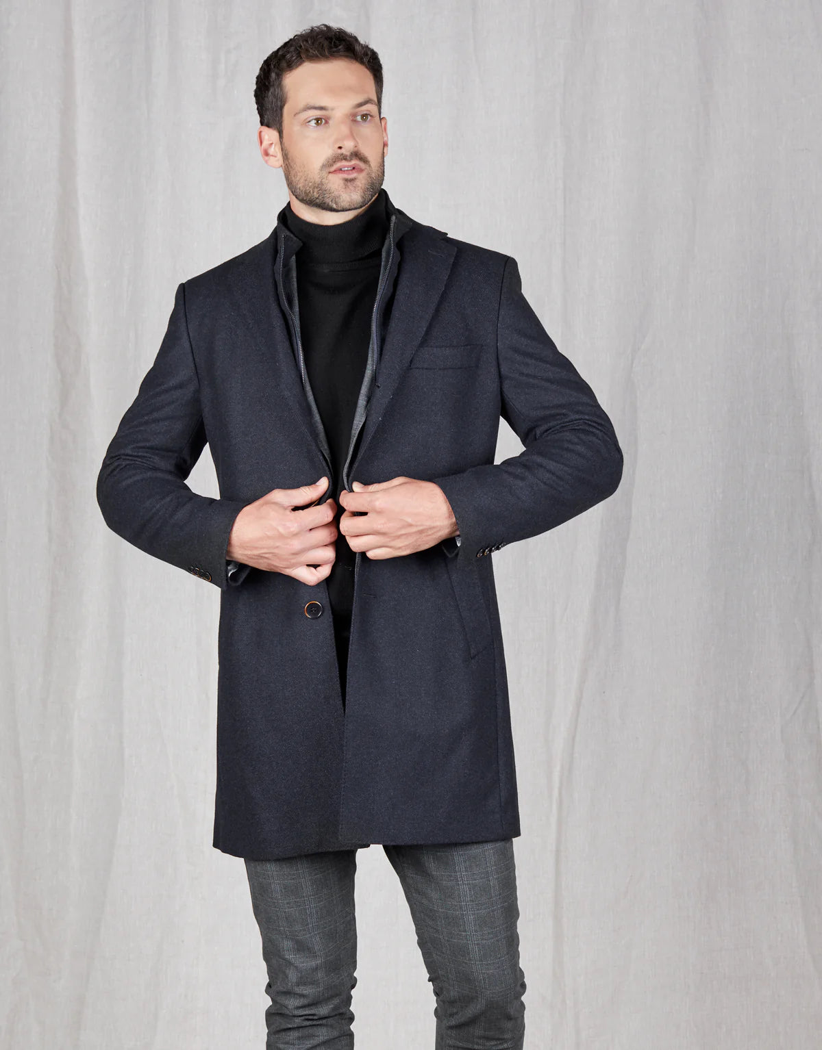 Compton Herringbone Overcoat - Navy