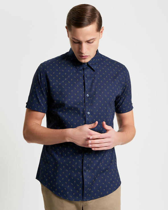 Ben Sherman Short Sleeve Shirt: Stipple Print - Dark Navy