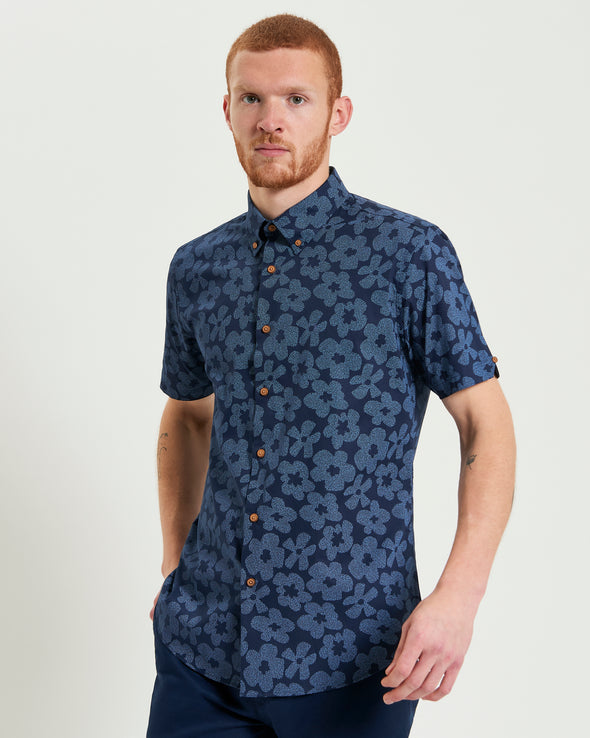 Ben Sherman Short Sleeve Shirt: Stipple Floral - Dark Navy