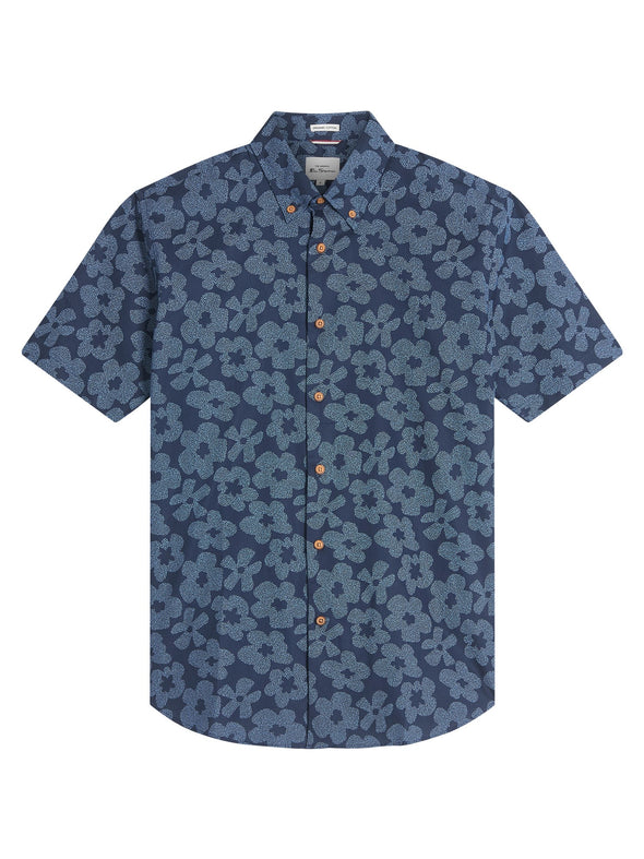 Ben Sherman Short Sleeve Shirt: Stipple Floral - Dark Navy