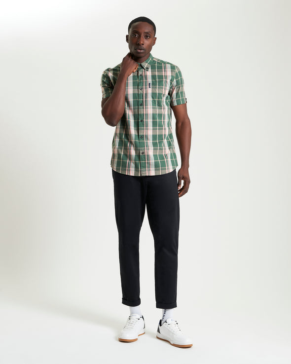Ben Sherman Short Sleeve Shirt: Slub Check - Deep Jungle