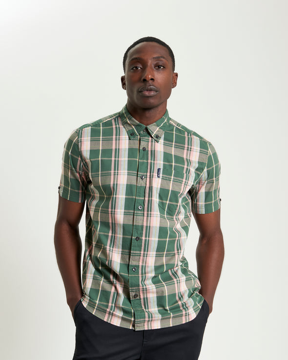 Ben Sherman Short Sleeve Shirt: Slub Check - Deep Jungle