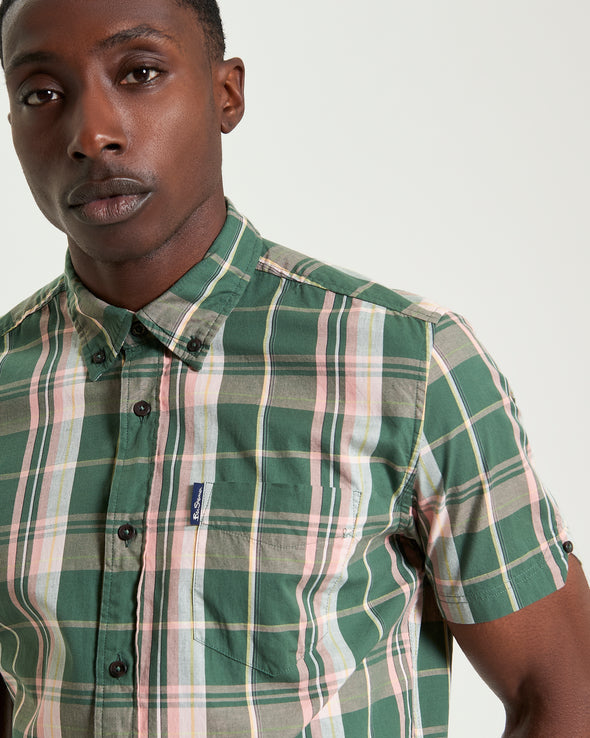 Ben Sherman Short Sleeve Shirt: Slub Check - Deep Jungle