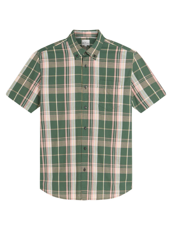 Ben Sherman Short Sleeve Shirt: Slub Check - Deep Jungle