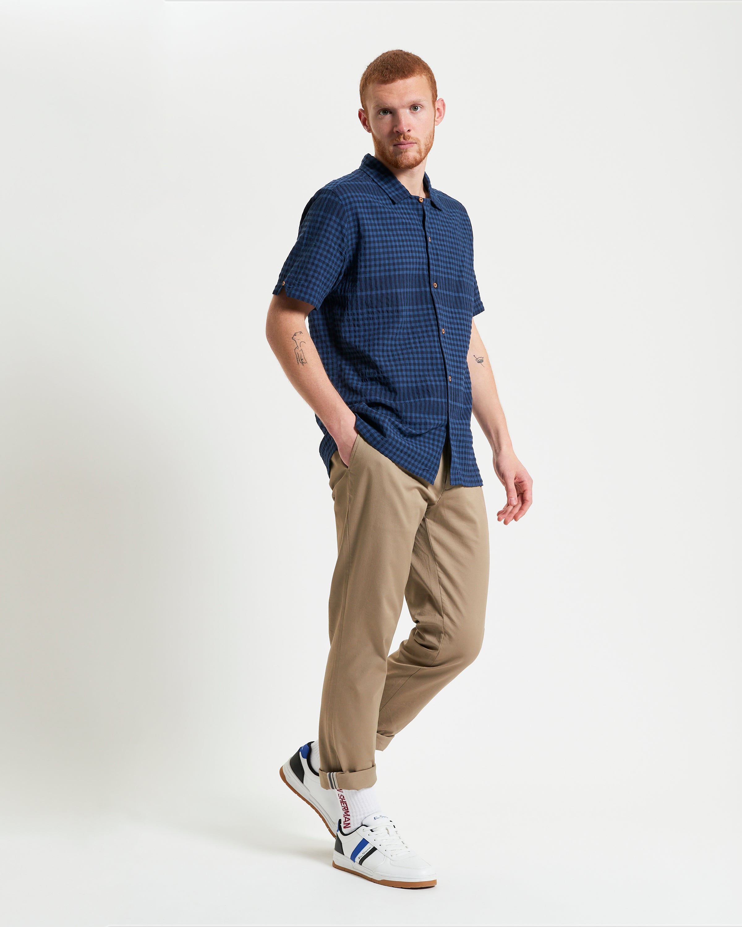 Ben Sherman Short Sleeve Shirt: Seersucker Gingham - Dark Navy
