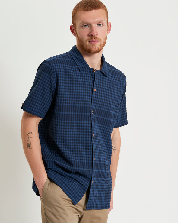 Ben Sherman Short Sleeve Shirt: Seersucker Gingham - Dark Navy