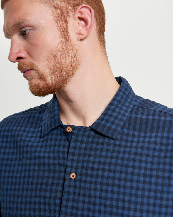 Ben Sherman Short Sleeve Shirt: Seersucker Gingham - Dark Navy