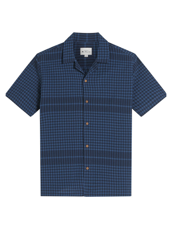 Ben Sherman Short Sleeve Shirt: Seersucker Gingham - Dark Navy