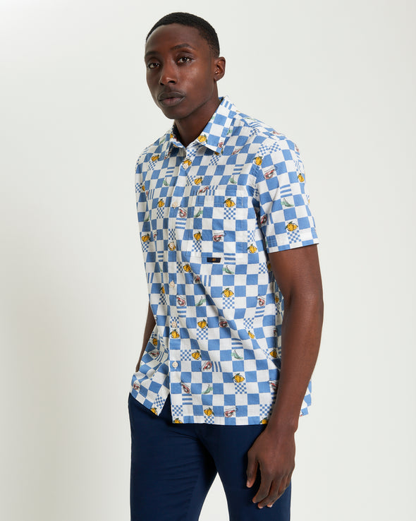 Ben Sherman Short Sleeve Shirt: Chequerboard Print - Snow White