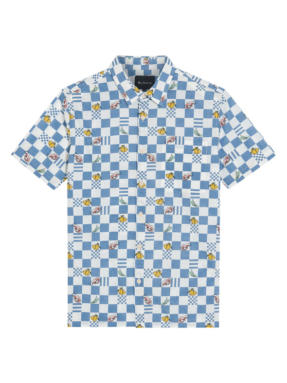 Ben Sherman Short Sleeve Shirt: Chequerboard Print - Snow White