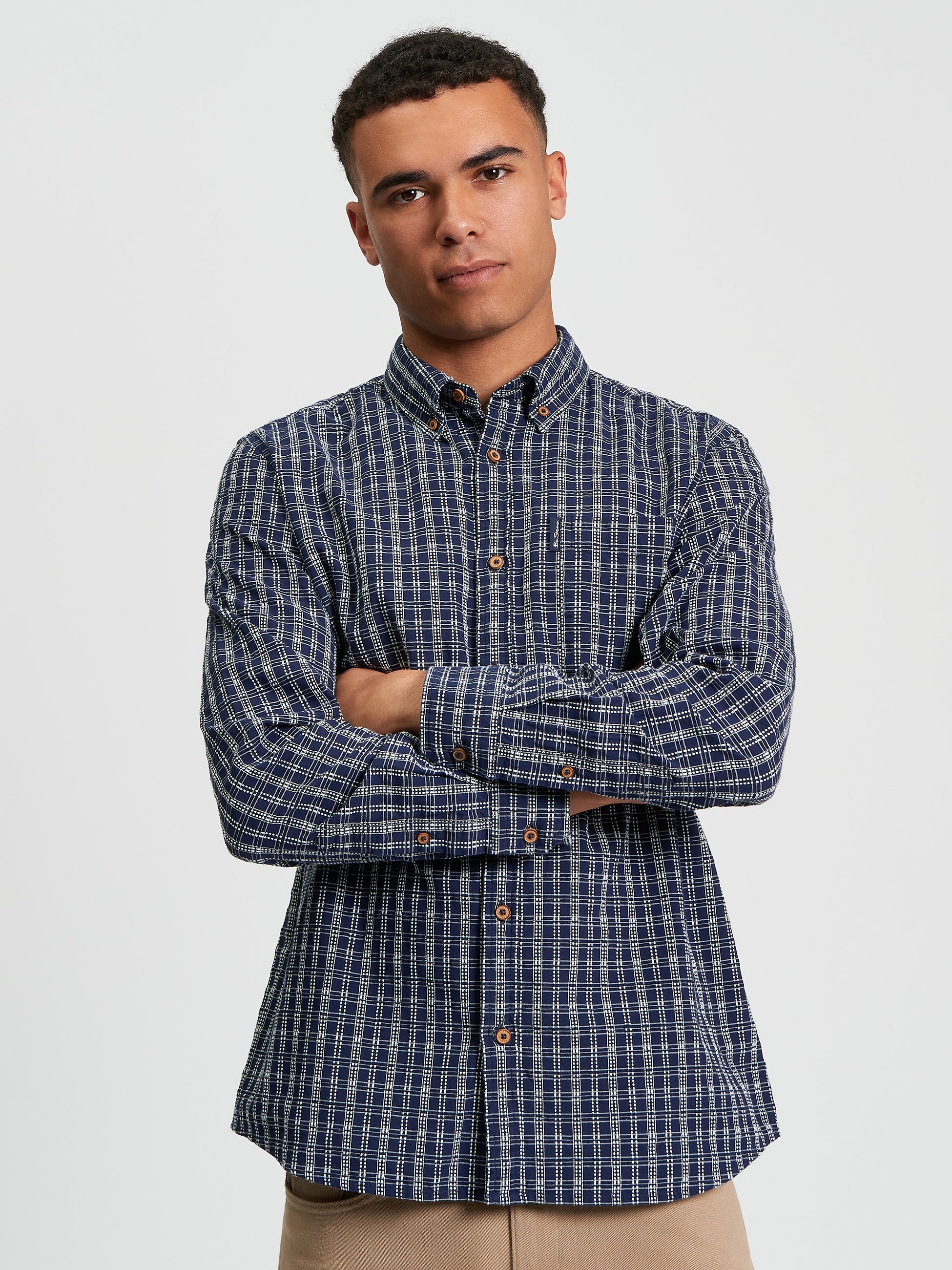Ben Sherman Long Sleeve Shirt: Raised Yarn Check - Marine