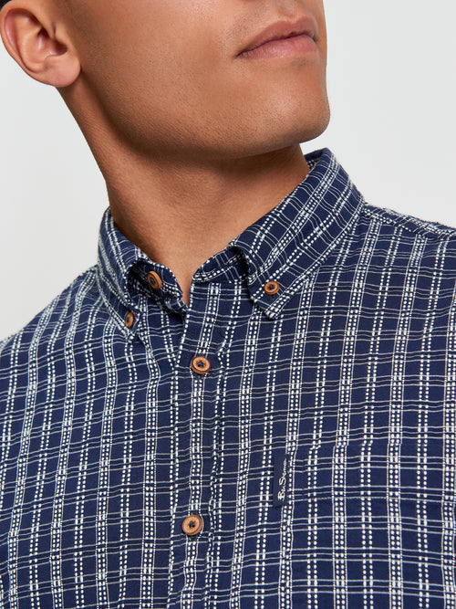 Ben Sherman Long Sleeve Shirt: Raised Yarn Check - Marine