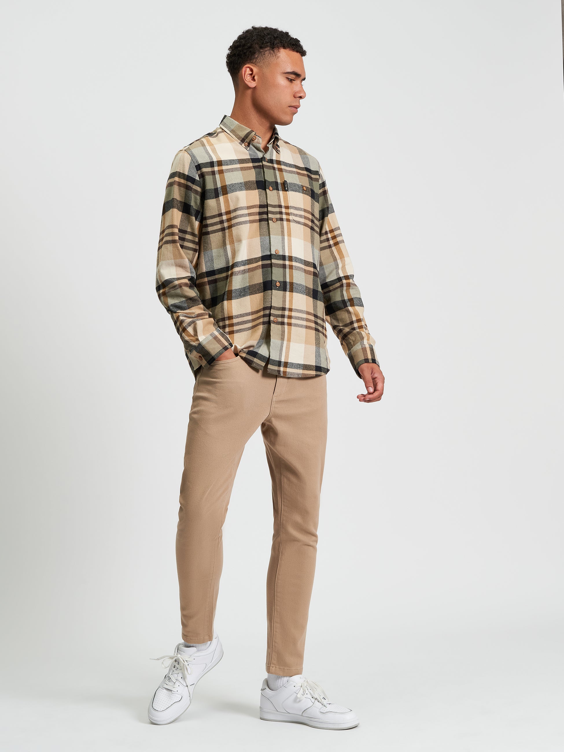 Ben Sherman Long Sleeve Shirt: Brushed Check - Sand