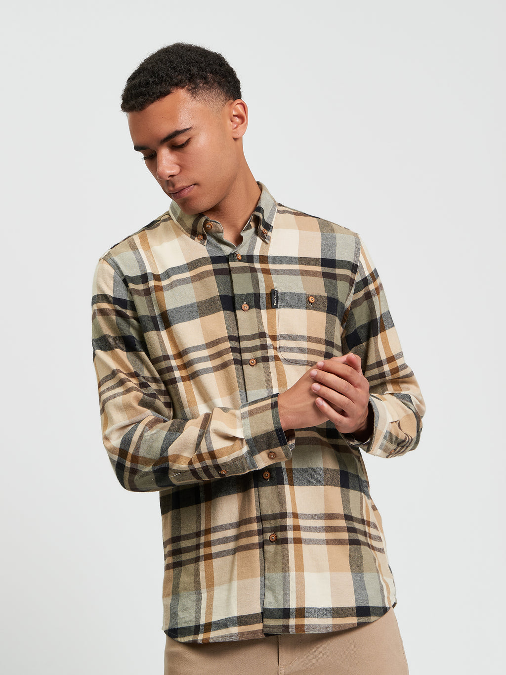 Ben Sherman Long Sleeve Shirt: Brushed Check - Sand