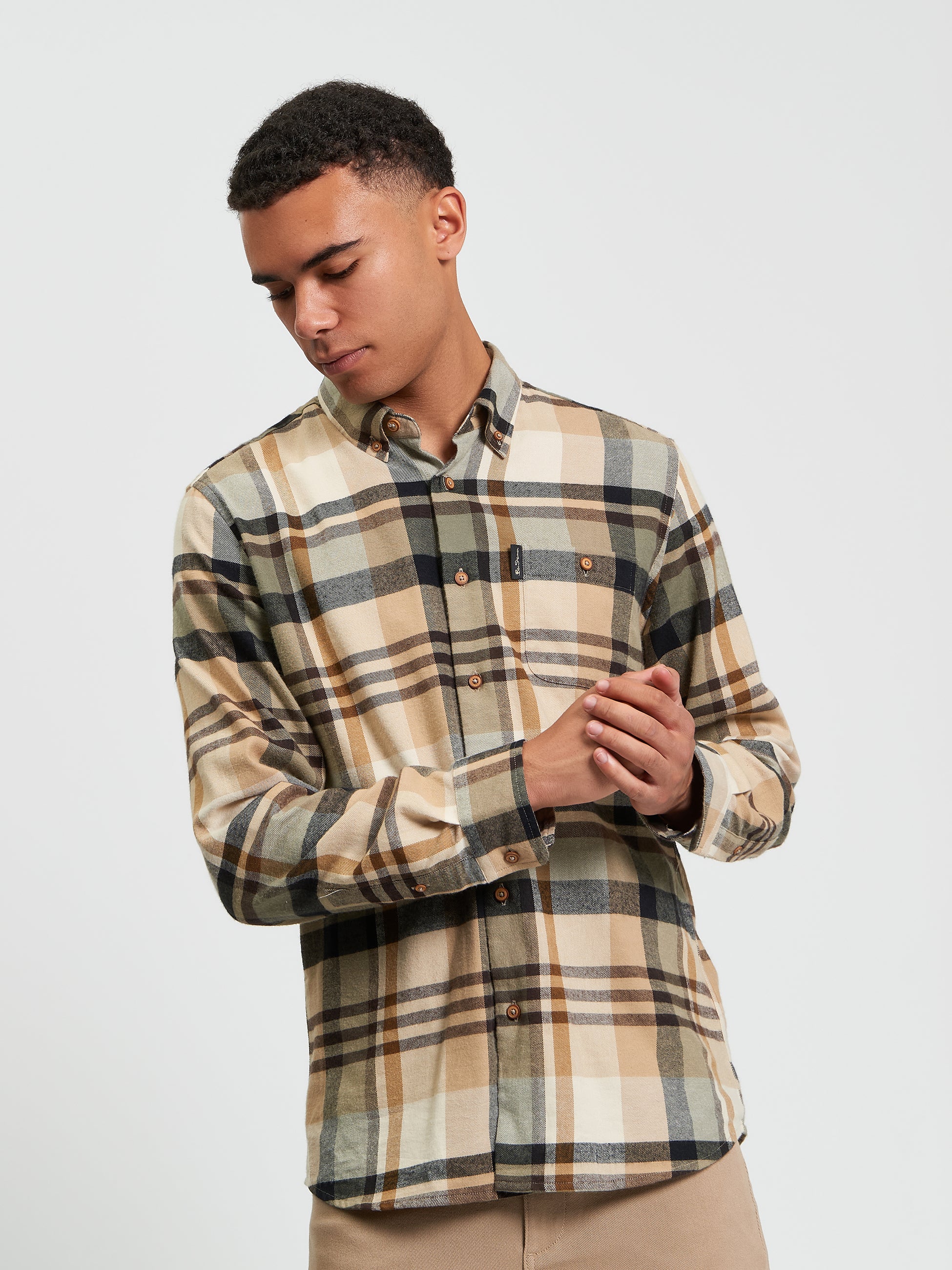 Ben Sherman Long Sleeve Shirt: Brushed Check - Sand