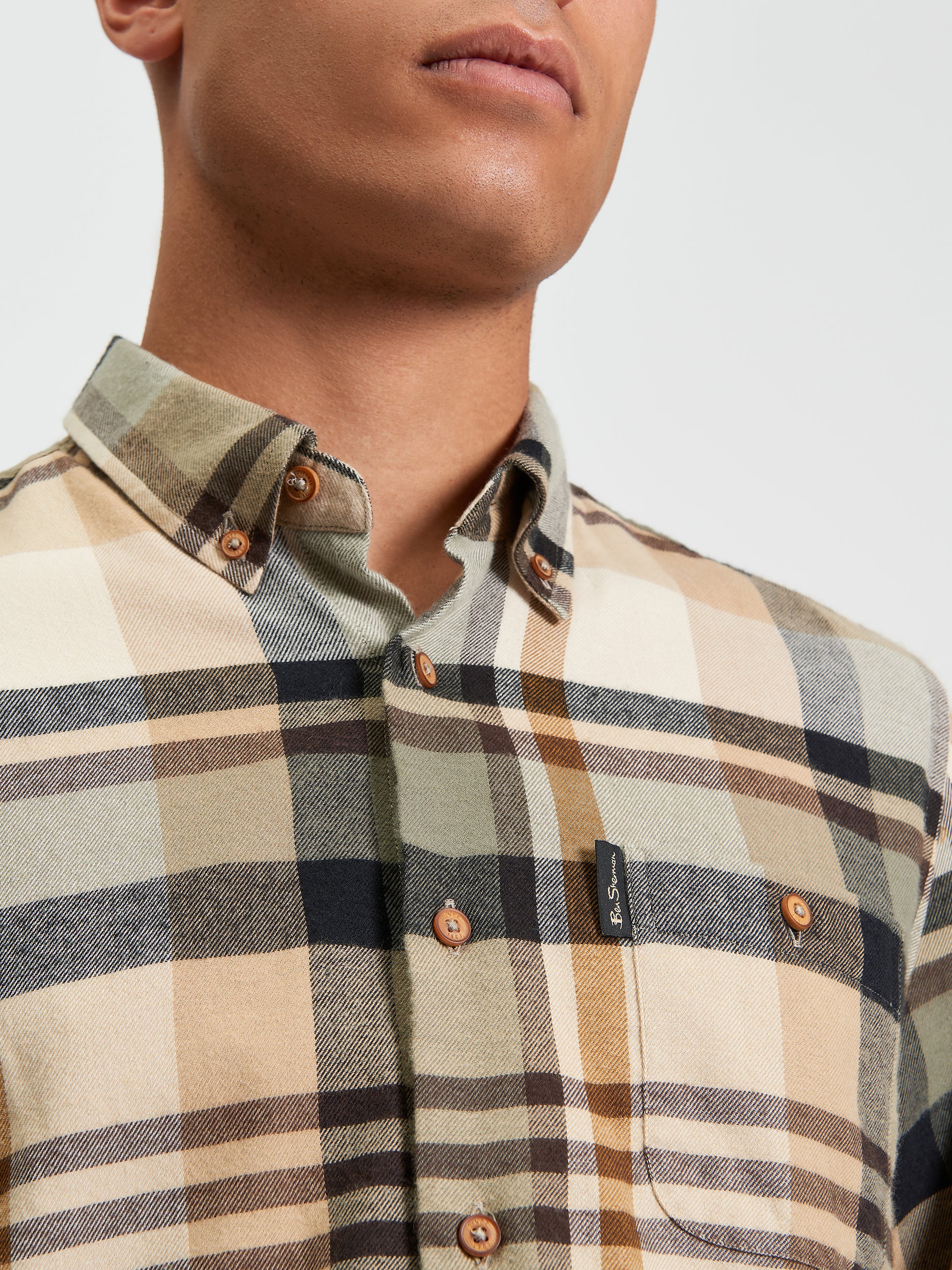 Ben Sherman Long Sleeve Shirt: Brushed Check - Sand