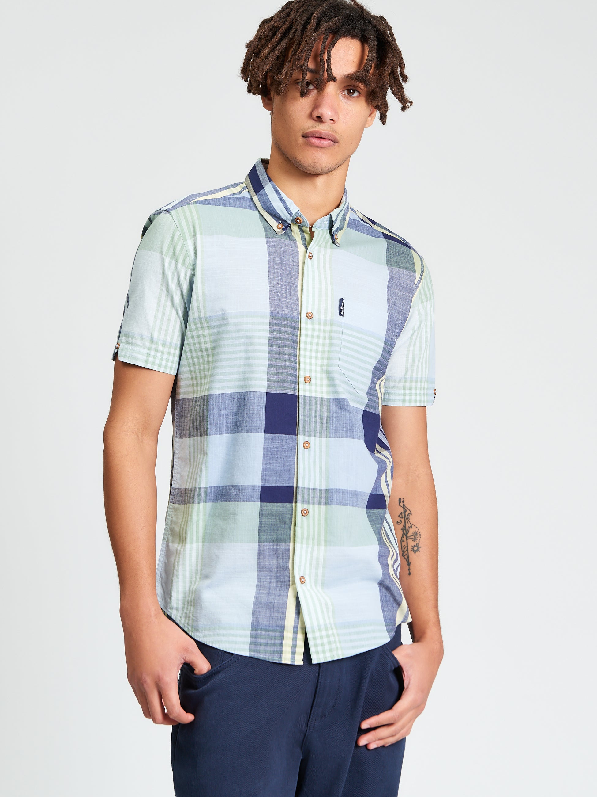 Ben Sherman Short Sleeve Shirt: Large Madras Check - Powder Blue