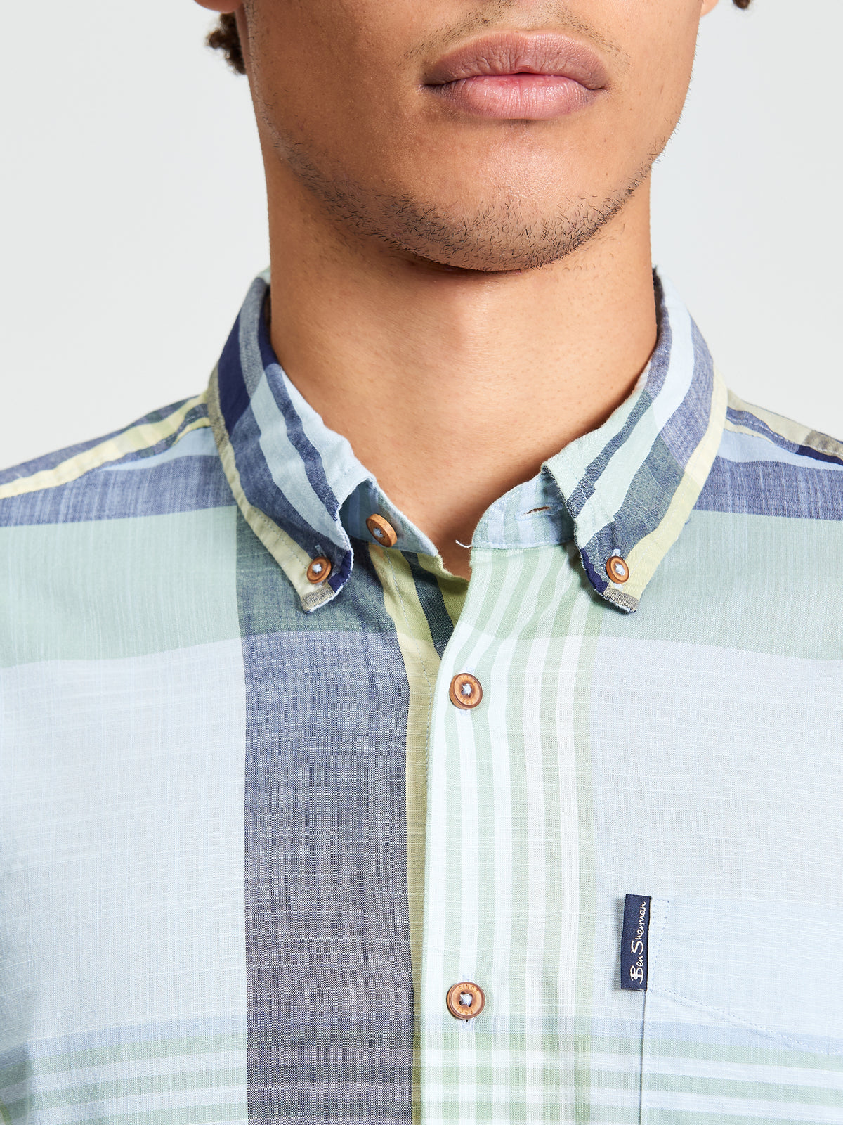 Ben Sherman Short Sleeve Shirt: Large Madras Check - Powder Blue