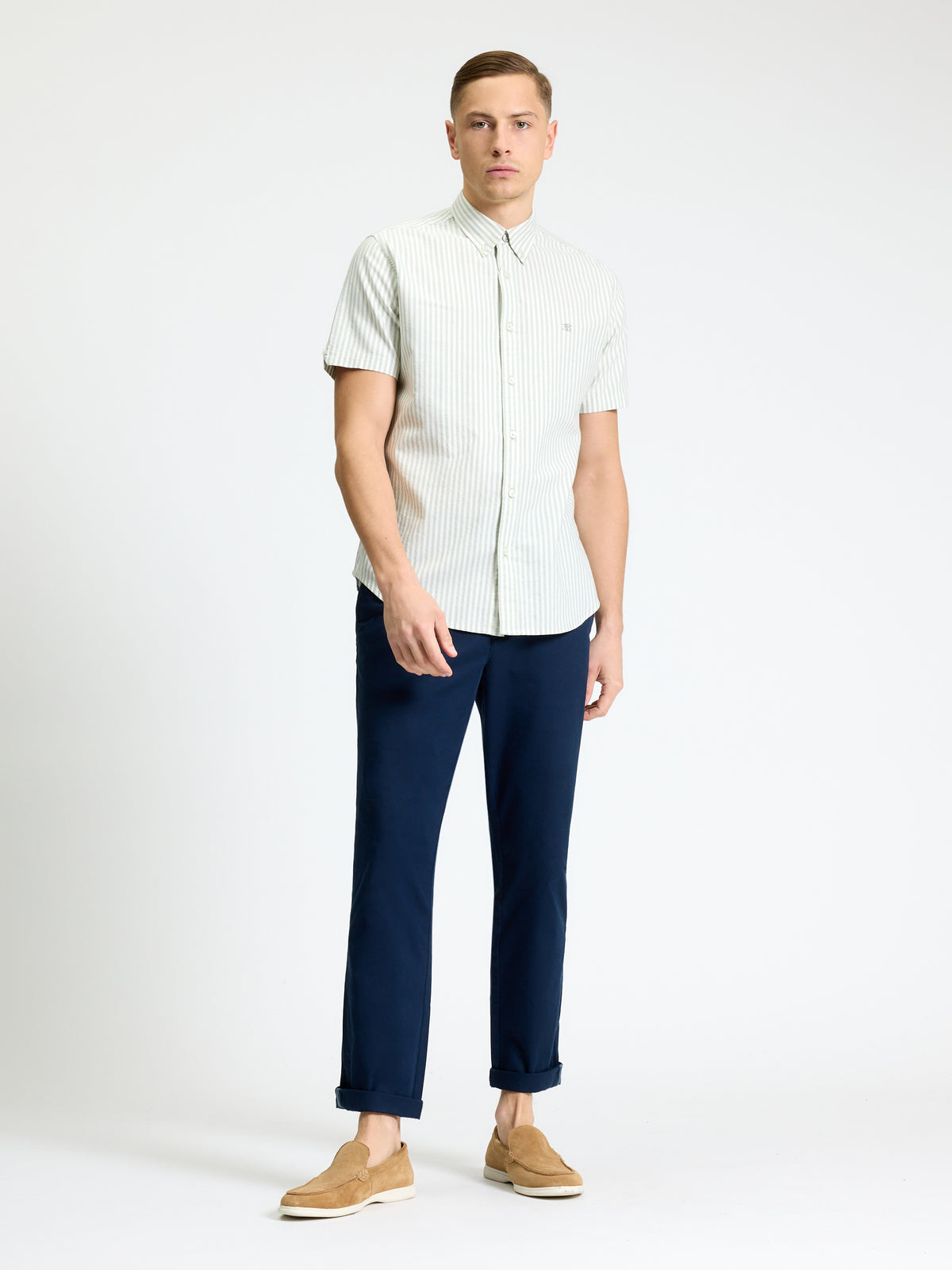 Ben Sherman Short Sleeve Shirt: Oxford Stripe - Sage