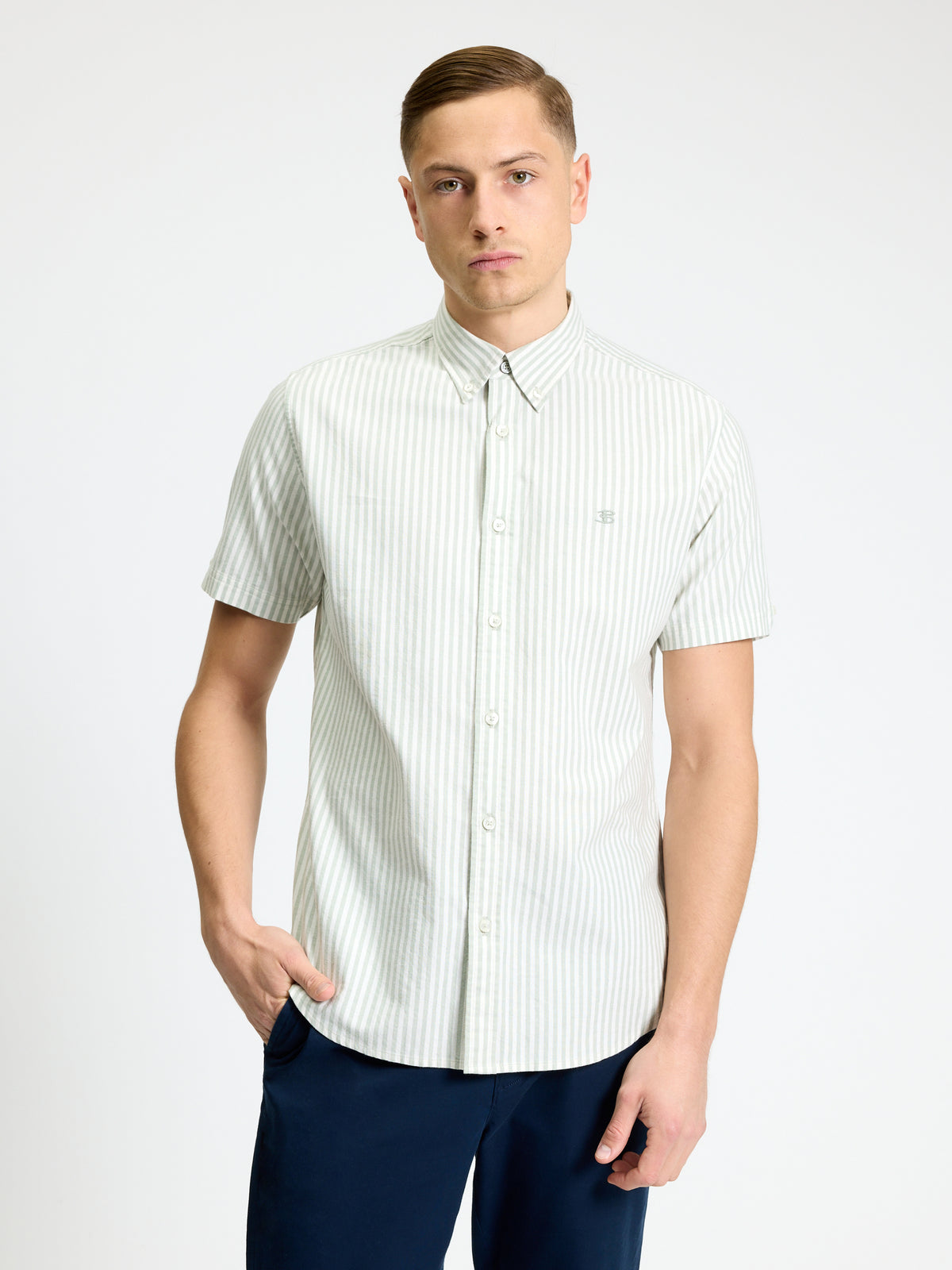 Ben Sherman Short Sleeve Shirt: Oxford Stripe - Sage