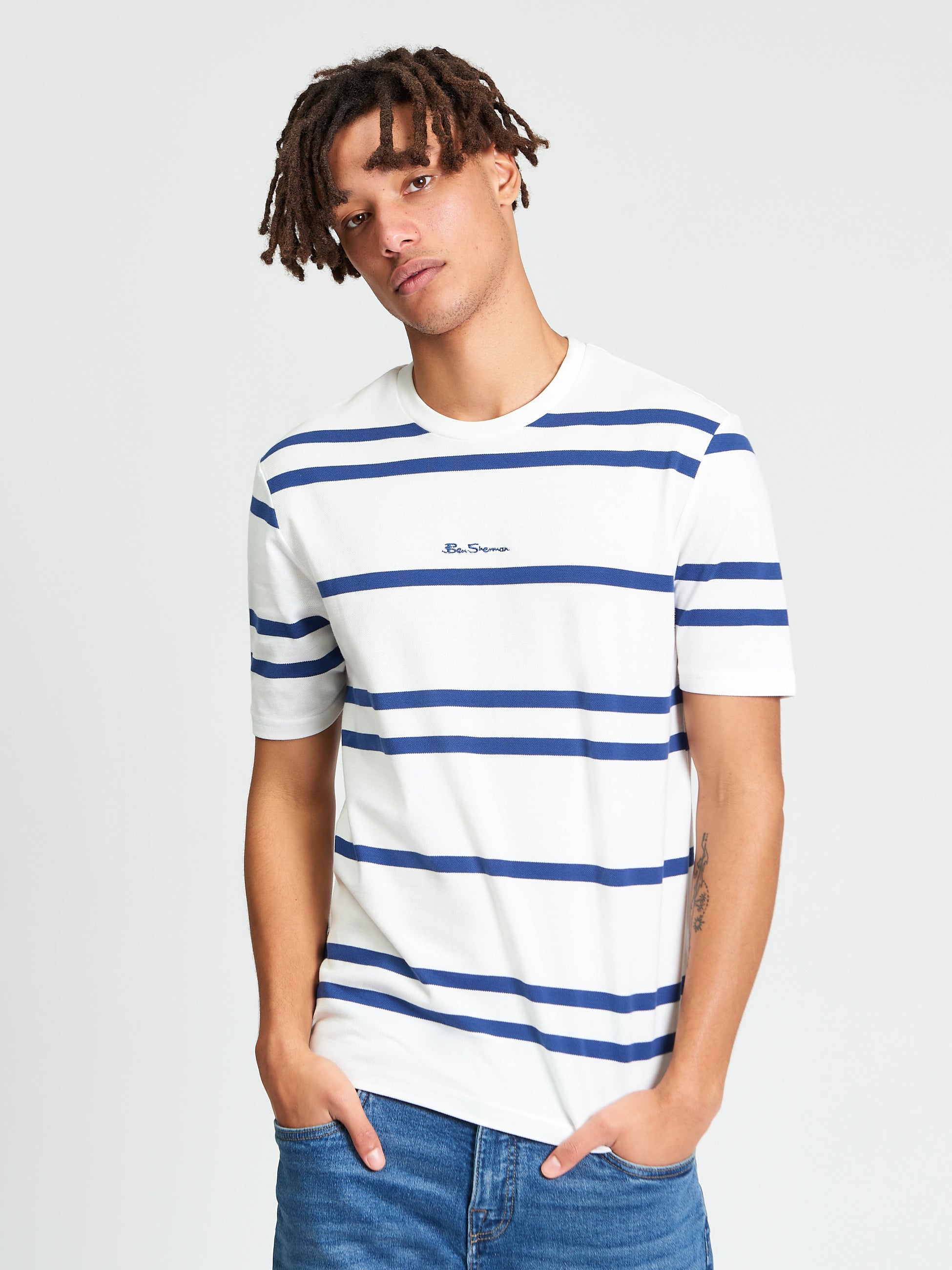 Ben Sherman Pique Stripe Tee - Snow White