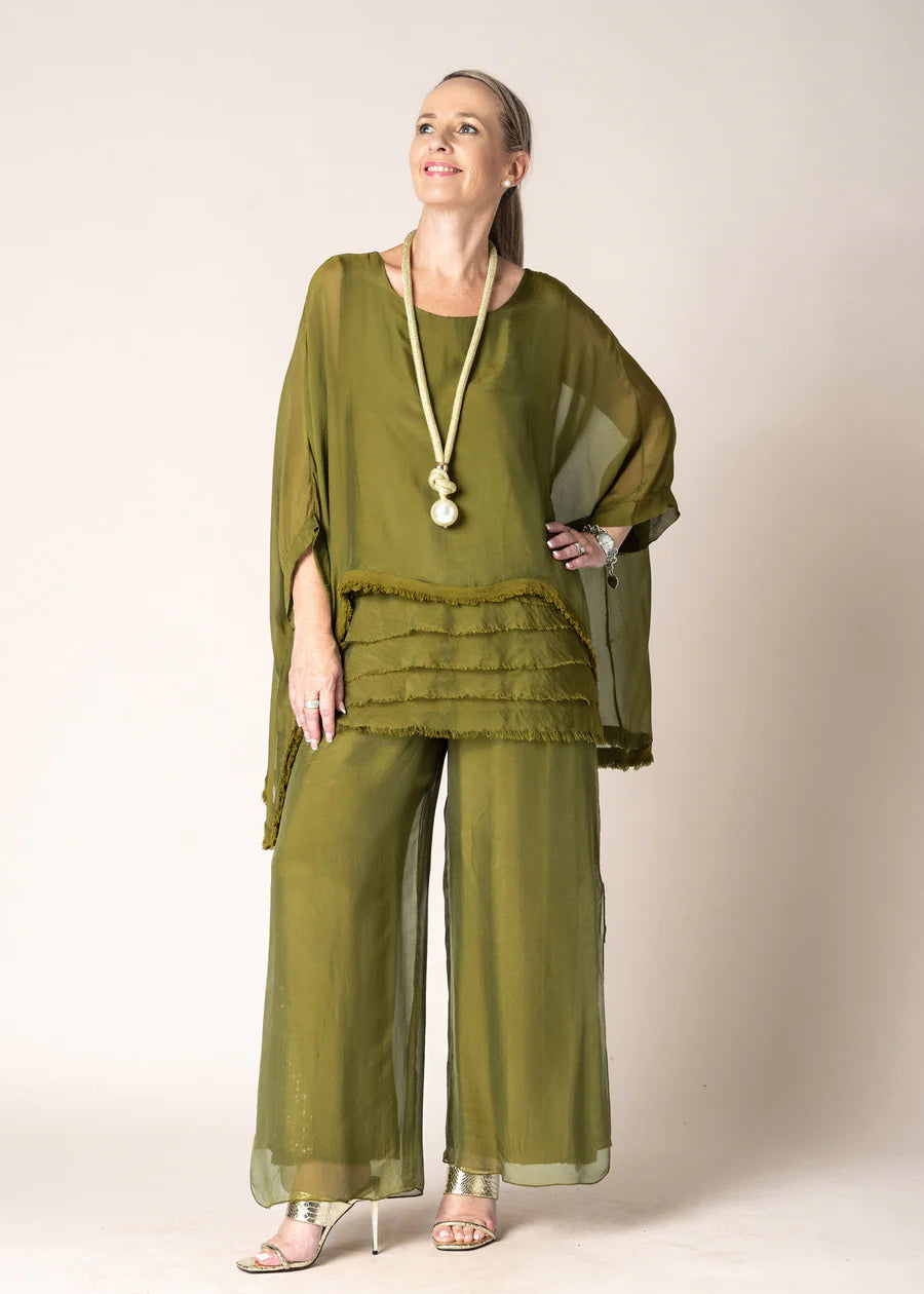 Karolina Silk Pants in Green Olive