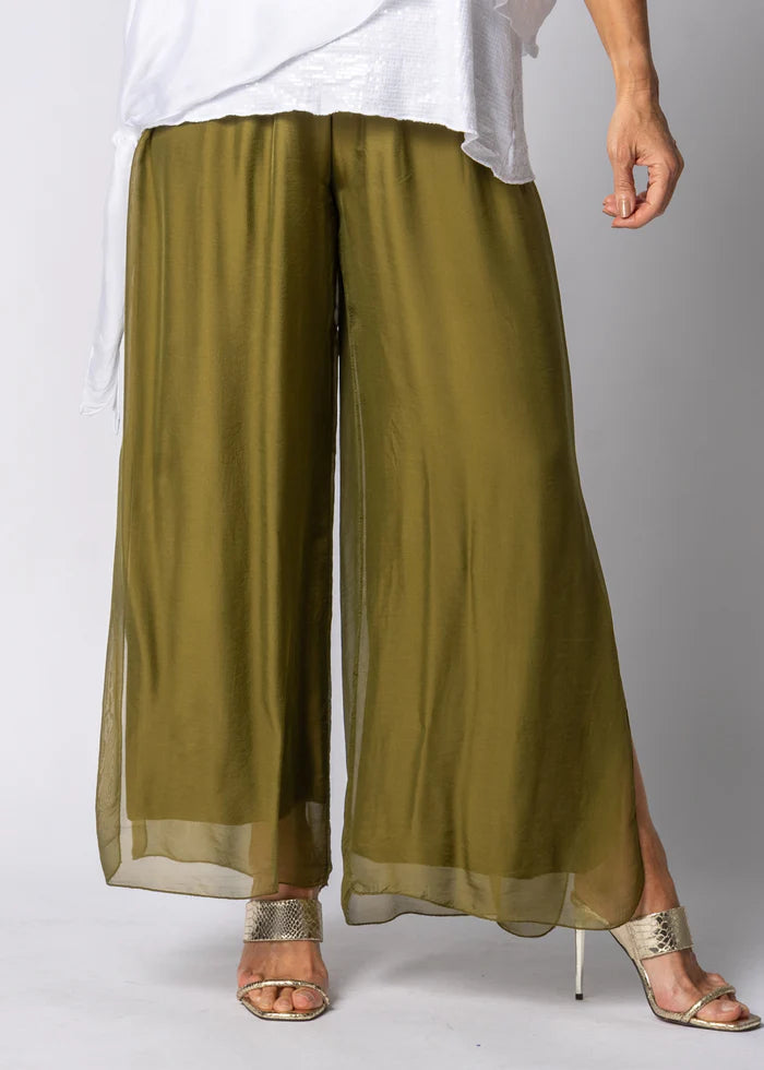 New Gia Silk Pant - Green Olive