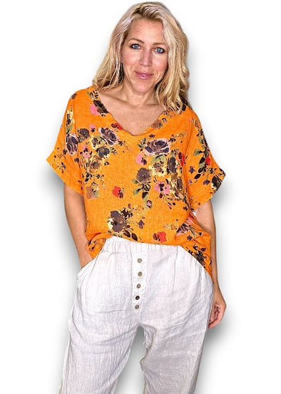 Helga May: V-Neck Miranda Tee - Bright Orange Fresia Rose