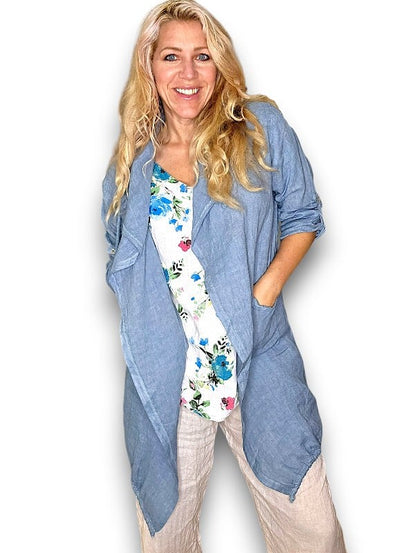 Helga May: Long Drawstring Linen Jacket - Denim Blue