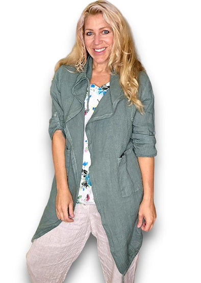 Helga May: Long Drawstring Linen Jacket - Forest