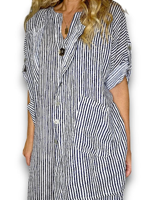 Helga May: Pearl Buttons Shirt - Navy & White Stripe