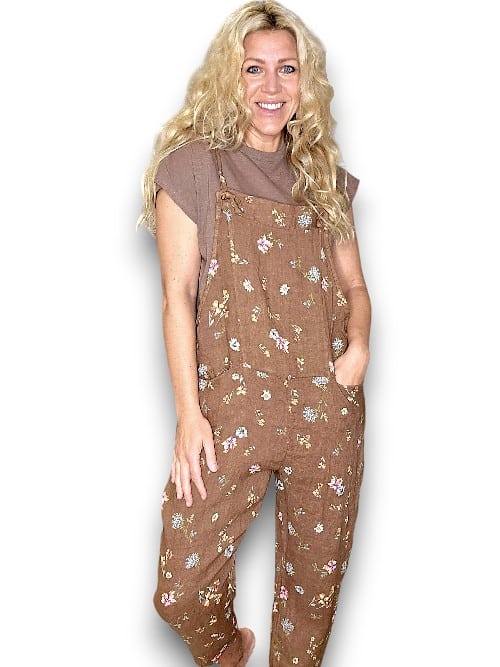 Helga May Linen Jumpsuit: Windy Bloom - Brown