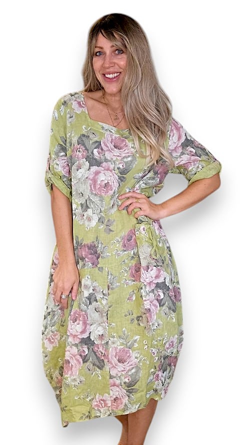 Helga May Button Sleeve Maxi Dress: Antique Lime