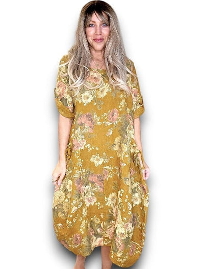Helga May: Button Sleeve Maxi Dress - Scarlett Rose Mustard
