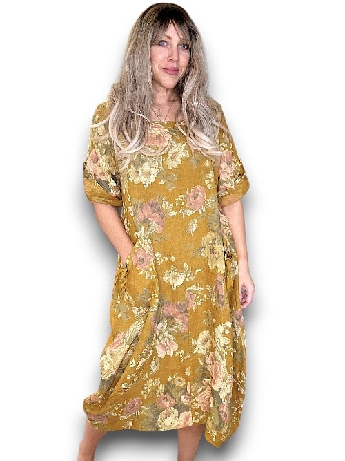 Helga May: Button Sleeve Maxi Dress - Scarlett Rose Mustard