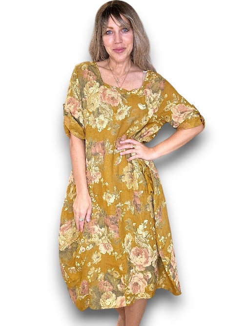 Helga May: Button Sleeve Maxi Dress - Scarlett Rose Mustard