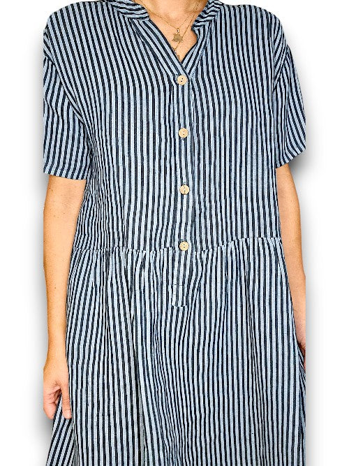 Helga May: Midi Coconut Button Dress - Charcoal Stripe