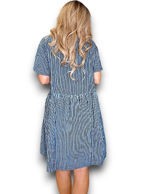 Helga May: Midi Coconut Button Dress - Charcoal Stripe