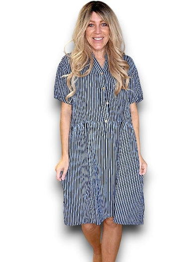 Helga May: Midi Coconut Button Dress - Charcoal Stripe