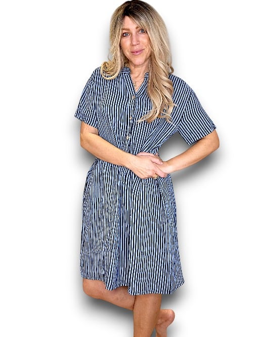 Helga May: Midi Coconut Button Dress - Charcoal Stripe