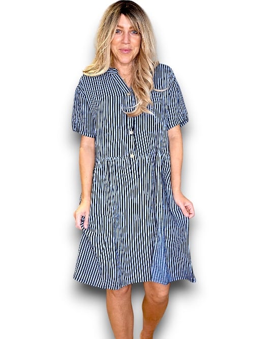 Helga May: Midi Coconut Button Dress - Charcoal Stripe