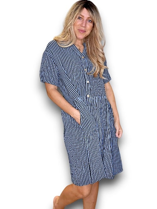 Helga May: Midi Coconut Button Dress - Charcoal Stripe