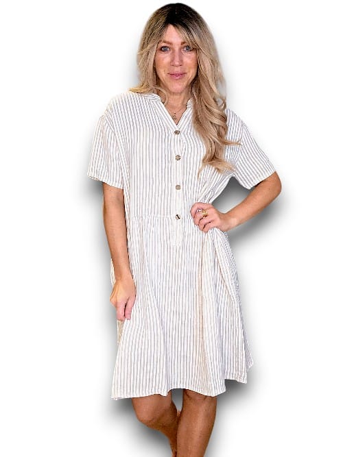 Helga May: Midi Coconut Button Dress - Beige Stripe