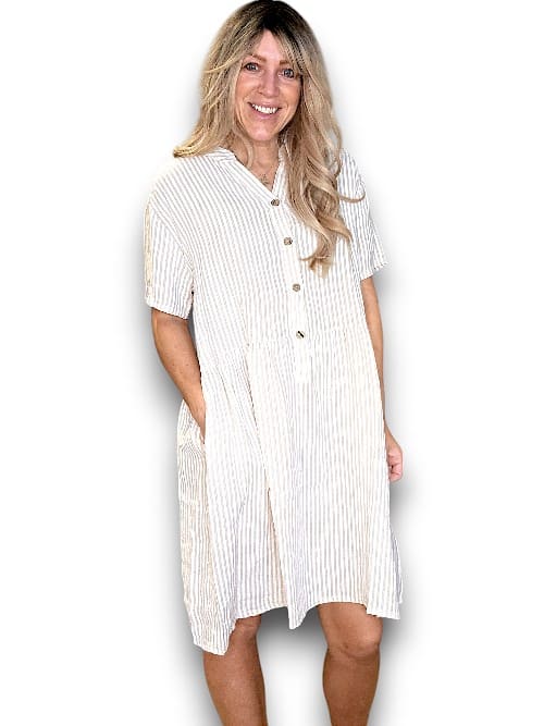 Helga May: Midi Coconut Button Dress - Beige Stripe