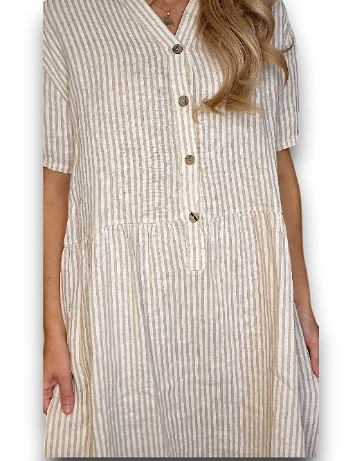 Helga May: Midi Coconut Button Dress - Beige Stripe