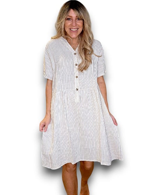 Helga May: Midi Coconut Button Dress - Beige Stripe