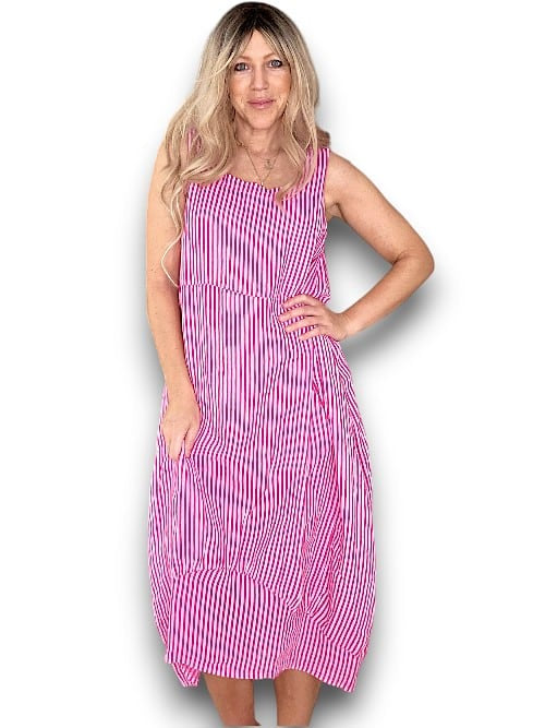 Helga May: Maxi Tank Dress - Hot Pink Stripe